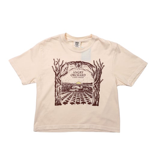 Front of tee displays a large artistic rendition silhouette of our Angry Orchard location.