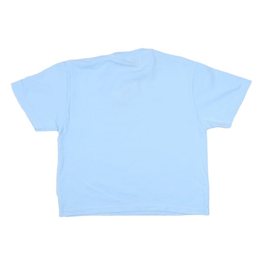 Back view of plain light blue women’s t-shirt.
