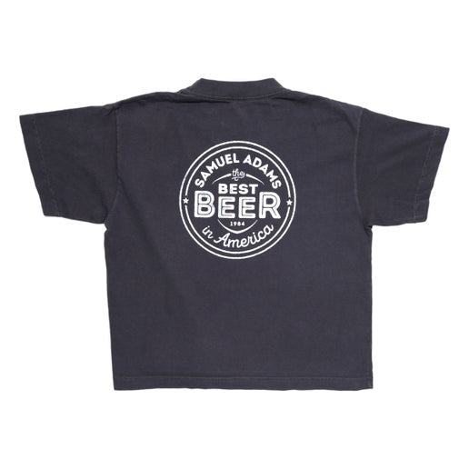 Backside of Navy General Best Beer Short Sleeve Tee with a round circle logo that reads Samuel Adams, Best Beer, 1984, in America