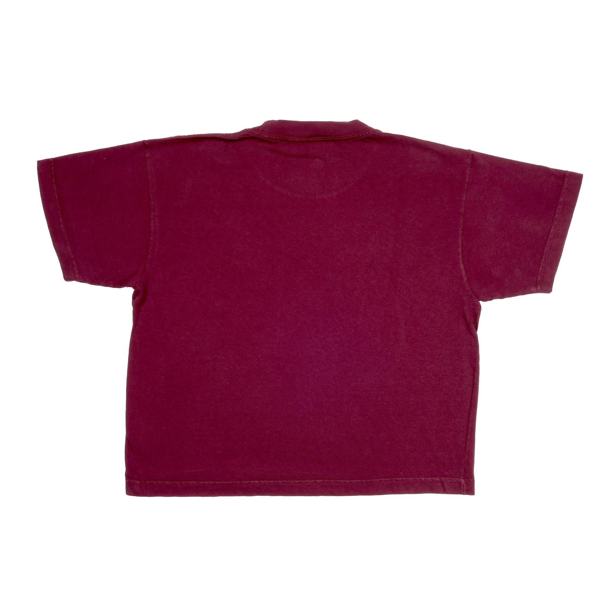 Back of solid maroon tee.