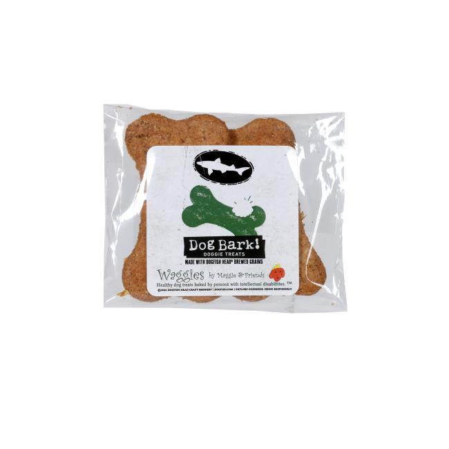 A clear plastic bag holds bone-shaped, all-natural Waggies Peanut Butter 2 Pack Dog Treats by Waggies by Maggie & Friends Inc with a white label featuring a green bone, black fish graphic, and brand quality hints.