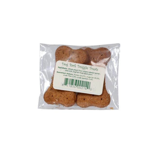 A clear plastic bag contains Waggies by Maggie & Friends Inc Peanut Butter 2 Pack Dog Treats, bone-shaped, with a label showing ingredients and a barcode on the front.