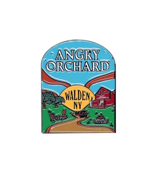 Pin features "Angry Orchard" written at the top of pin and Walden, NY in the center. Design on pin is Angry Orchard orchard in Walden.