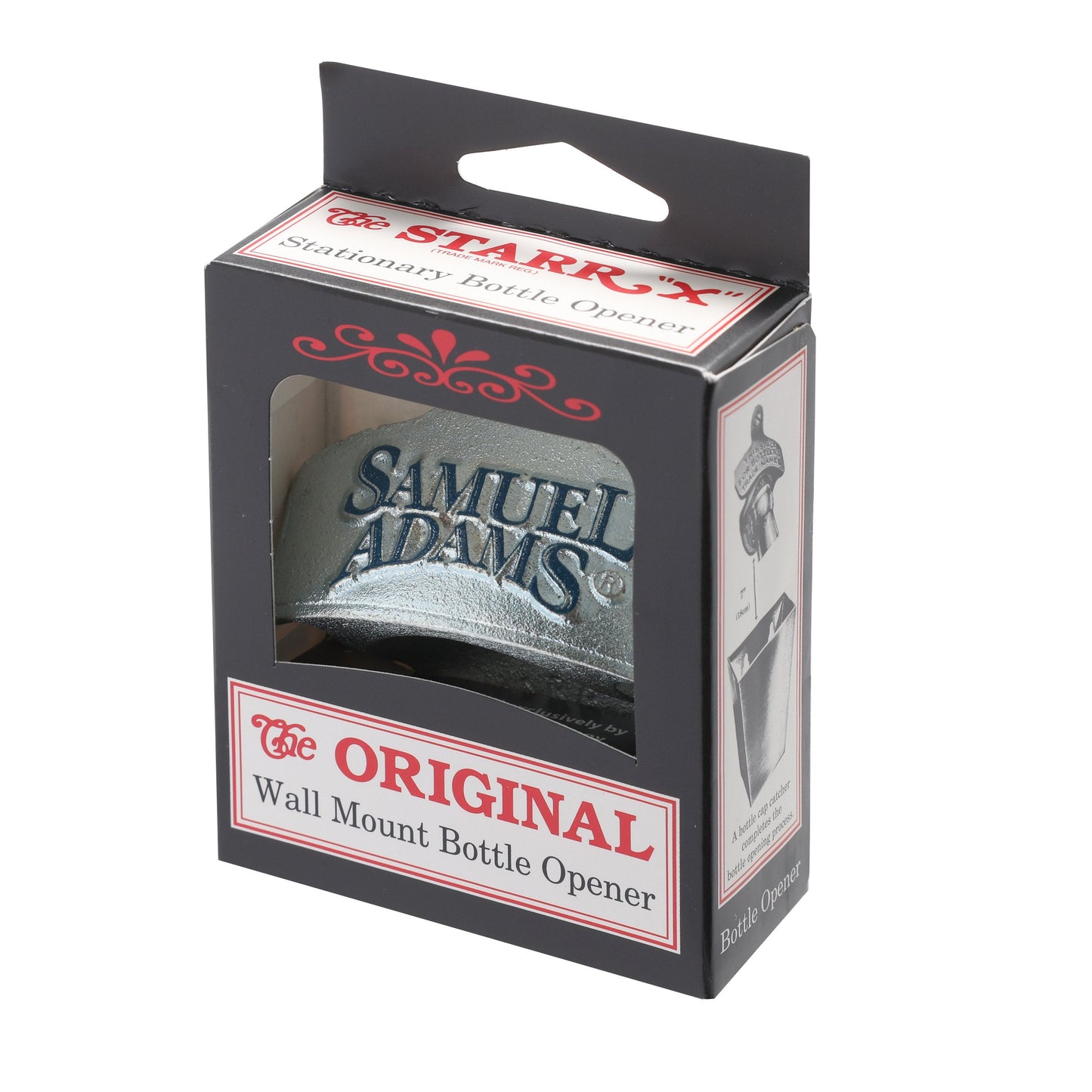 Metal stationary Samuel Adams bottle opener with screw holes to mount, packaged in a cardboard and paper box.
