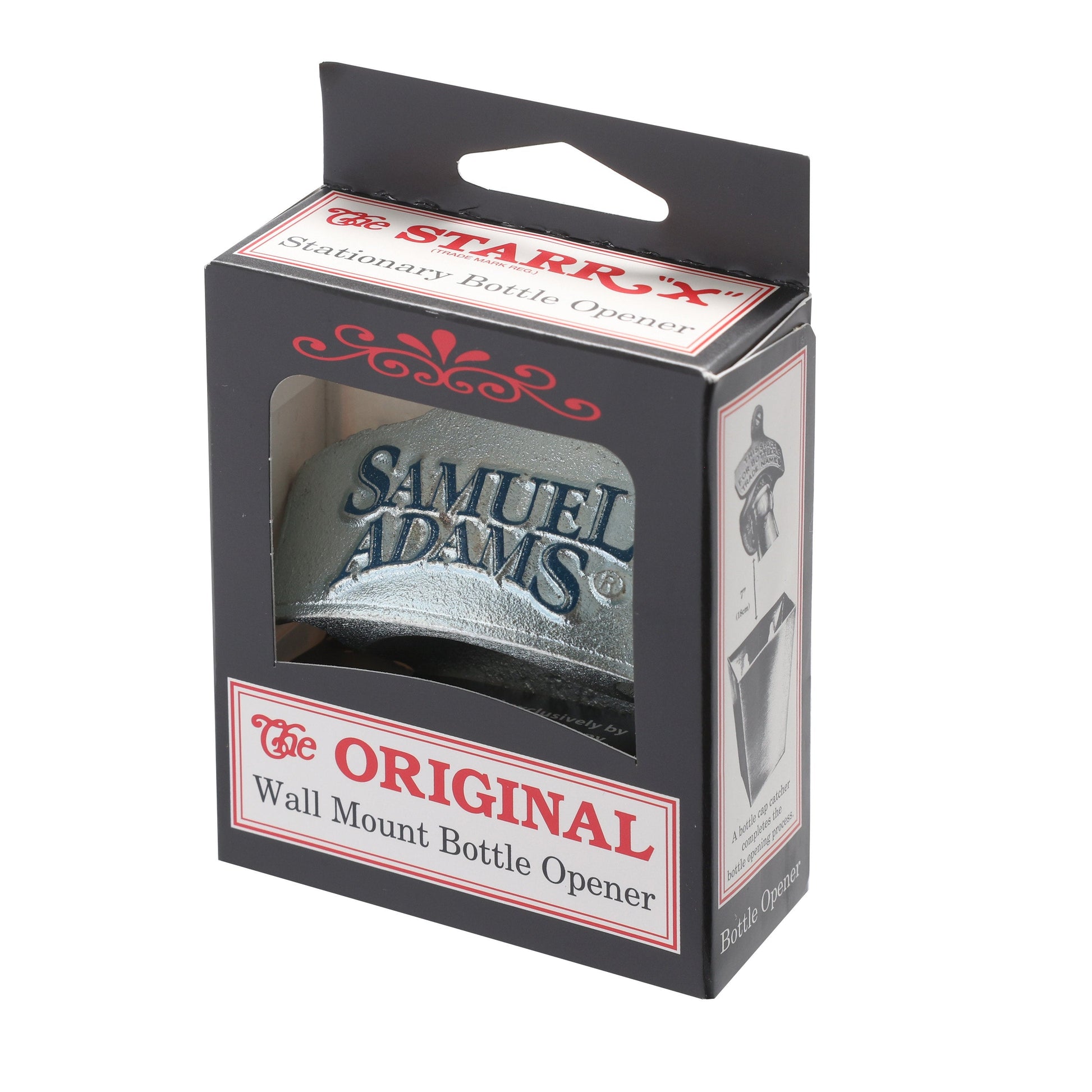 Metal stationary Samuel Adams bottle opener with screw holes to mount, packaged in a cardboard and paper box.