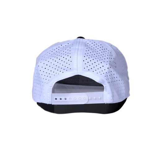 back view of navy trucker hat with red rope piping and a white Samuel Adams patch on the front. Has adjustable back strap.