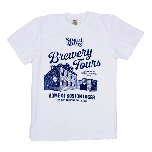 Front view of a white short sleeve t-shirt with a blue graphic of the Samuel Adams brewery and "Brewery Tours" text.