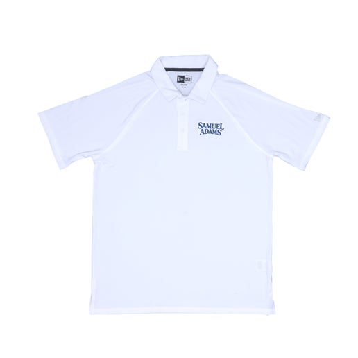 White polo shirt with a black Samuel Adams logo on the left chest