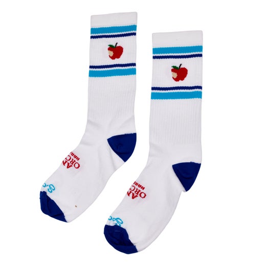 White Retro Apple Socks with light and dark blue stripes and an angry orchard apple logo. The toes and heels of the sock are dark blue. On the laces of the foot in apple red text reads "angry orchard, hard cider"