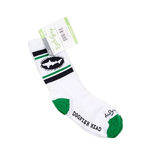 White socks that are green at the toes and heel. The body of the sock features a thick black line followed by a thin green one, the Dogfish Head shark and shield logo and followed by  the black and green lines again.