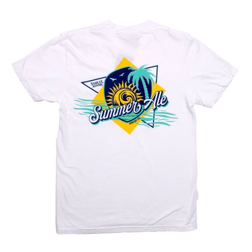 Front and back view of a white Samuel Adams t-shirt with “Summer Ale” text on the front pocket and a large, colorful summer-themed graphic on the back featuring a sun, palm tree, ocean waves, and the Samuel Adams logo.