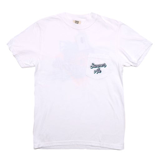 Front and back view of a white Samuel Adams t-shirt with “Summer Ale” text on the front pocket and a large, colorful summer-themed graphic on the back featuring a sun, palm tree, ocean waves, and the Samuel Adams logo.