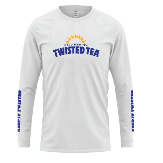 White long-sleeve shirt with Twisted Tea branding on a white background