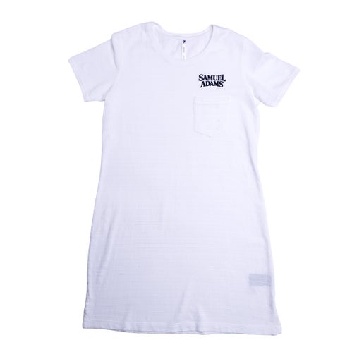 White crew neck short sleeve tee shirt dress with Samuel Adams text above small chest pocket detail