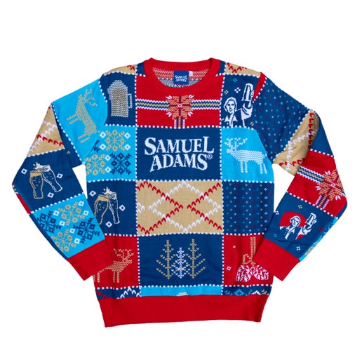 Sweater with a repeating square pattern all over the sweater. Squares vary with a red present, a light blue with a white deer, a dark blue with a white Sam Adams logo, a dark blue with a white Sam Adams hoisting a beer, a dark blue with a beer stein, a light blue with a snowflakes, and a tan square with a plaid pattern.