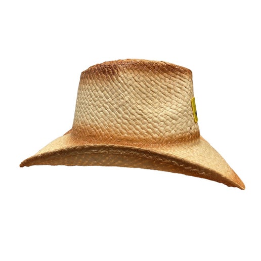 Side view of the YeeHaw Cowboy Hat showing the natural woven straw texture, wide brim, and subtle color gradient from light to tan.