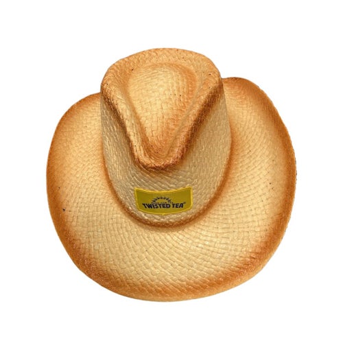 Angled top view of the YeeHaw Cowboy Hat highlighting the structured crown, curved brim, and front Twisted Tea logo patch.