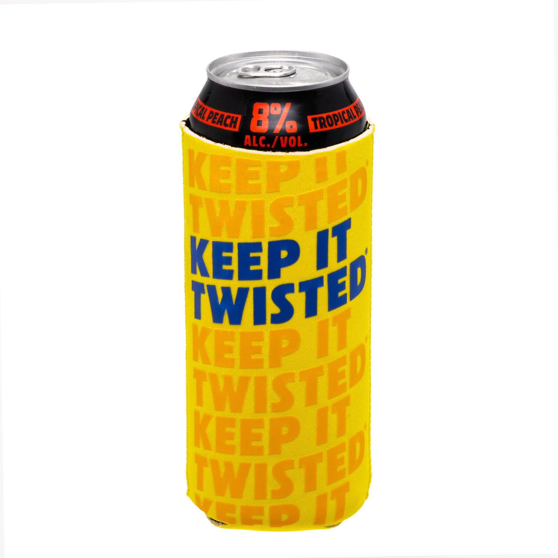 Twisted Tea Extreme Tropical Peach can in a Yellow can cooler with a bold blue ‘Keep It Twisted’ slogan printed on the back, surrounded by a repeating lighter yellow version of the same text.