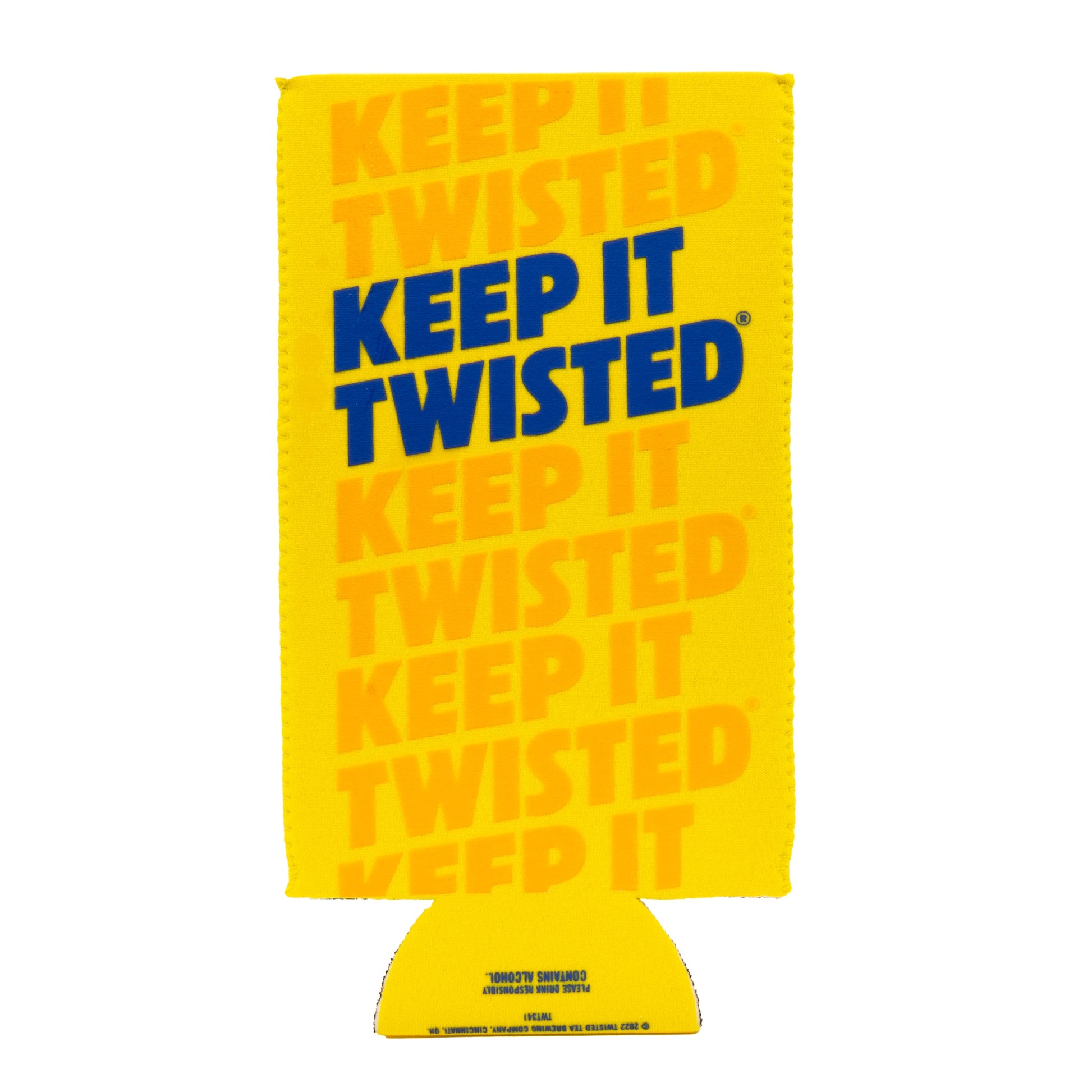 Yellow can cooler with a bold blue ‘Keep It Twisted’ slogan printed on the back, surrounded by a repeating lighter yellow version of the same text.
