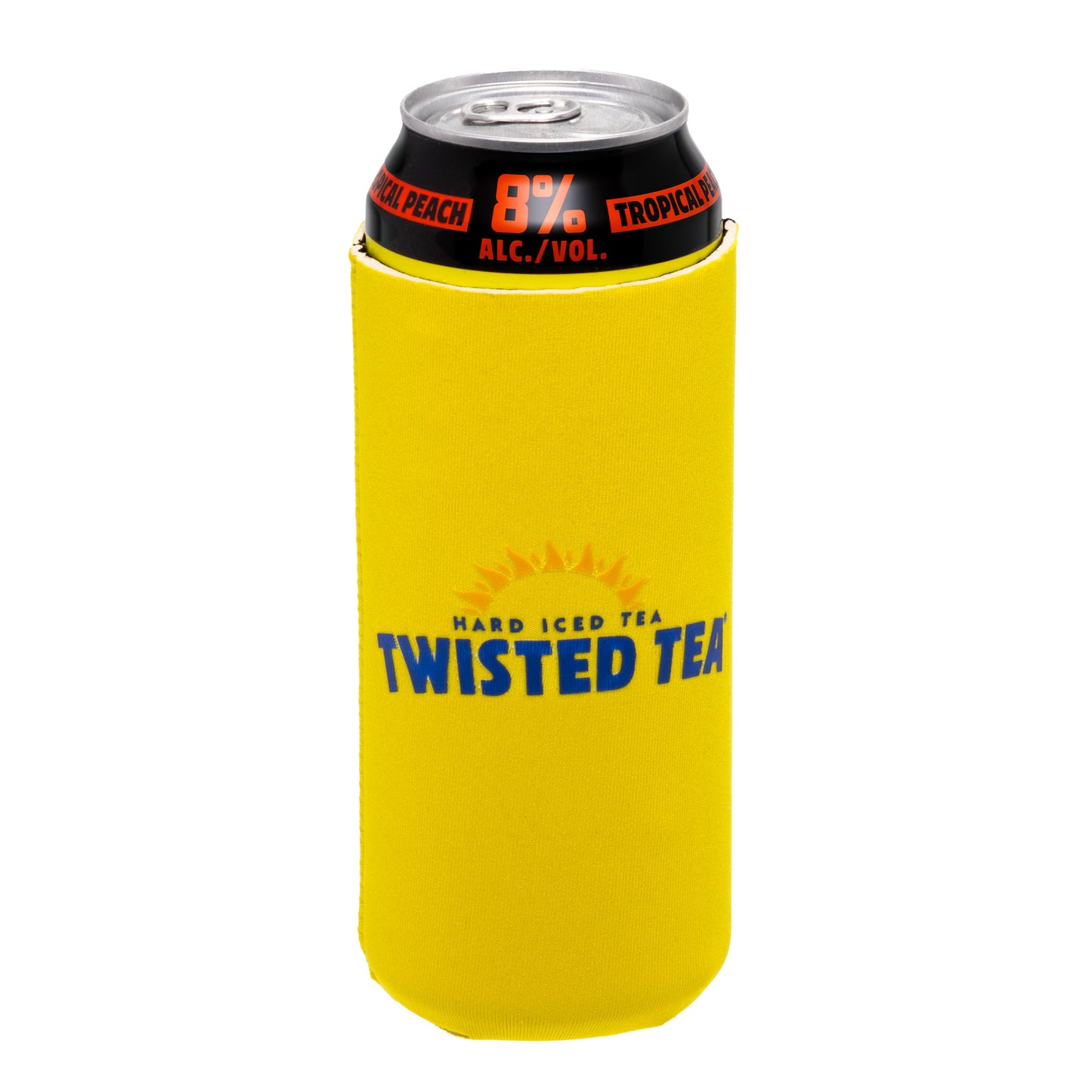Twisted tea extreme tropical peach can in a Yellow Twisted Tea can cooler with the Twisted Tea logo and sun graphic printed on the front