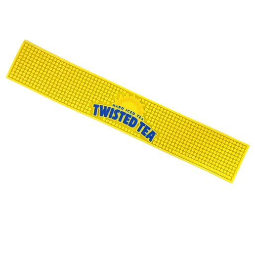 Yellow Twisted Tea rail bar mat featuring raised textured grips across the surface and a bold Twisted Tea logo with sunburst graphic in the center.