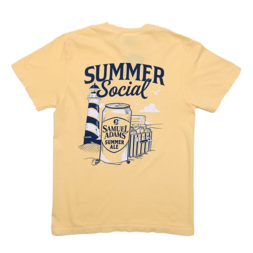 Front and back view of a pastel yellow short sleeve t-shirt featuring a small “It’s Another Round Season” graphic on the front chest and a large beach-themed “Summer Social” Samuel Adams Summer Ale design on the back, including a can, cooler, lighthouse, and seagulls.