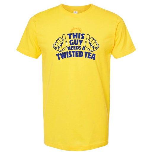 Yellow Twisted Tea T‑shirt featuring a bold graphic with two pointing hands and the text ‘This Guy Needs a Twisted Tea’ printed in blue across the chest