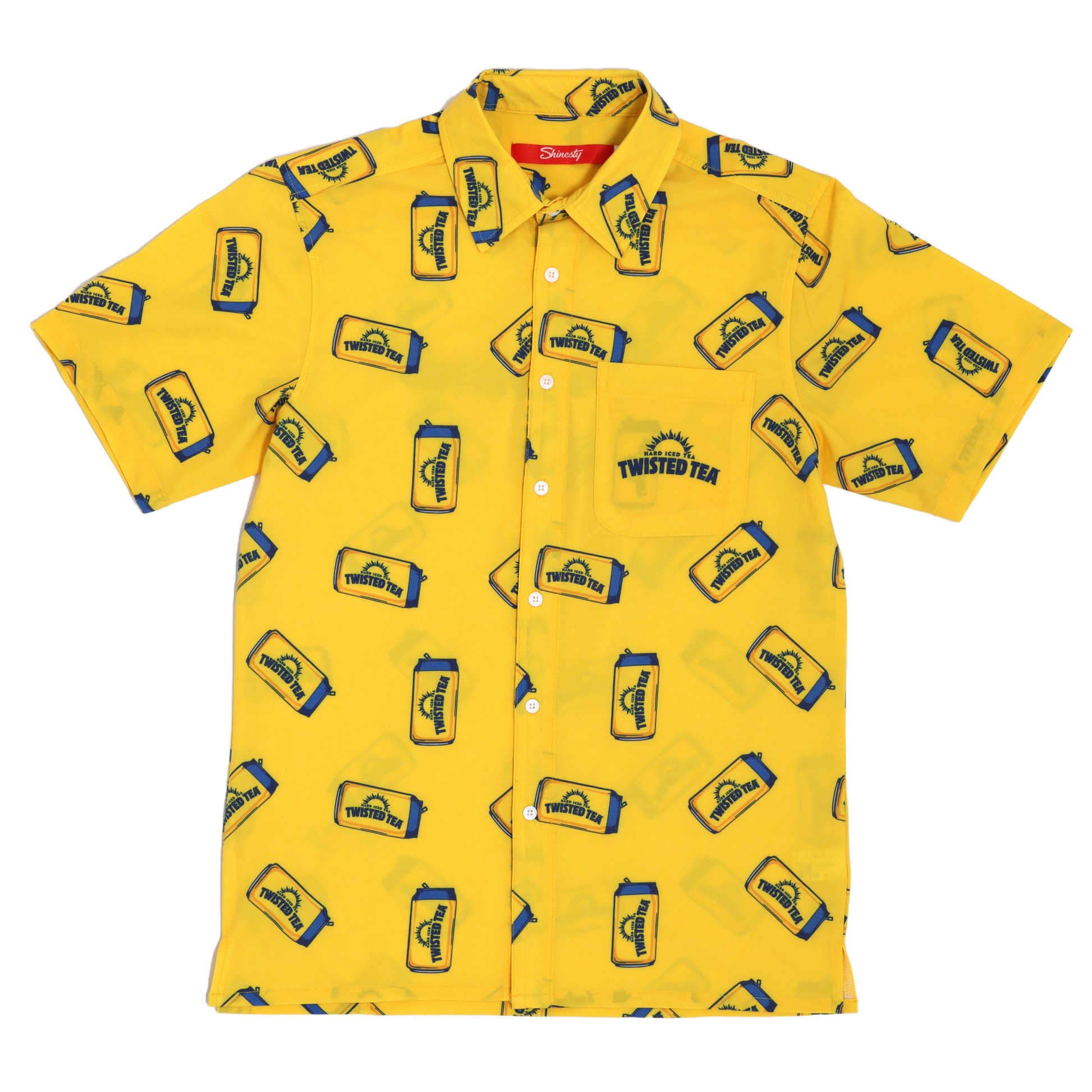 Yellow shirt with Twisted Tea logo and branding on a white background