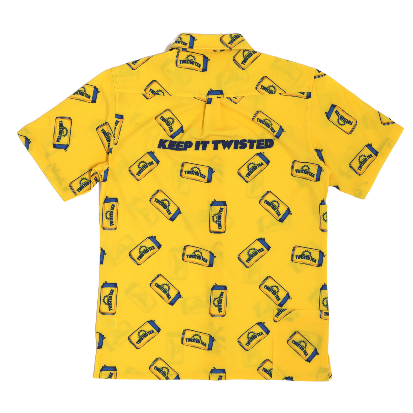 Yellow shirt with graphic design and text 'Keep It Twisted' on a white background
