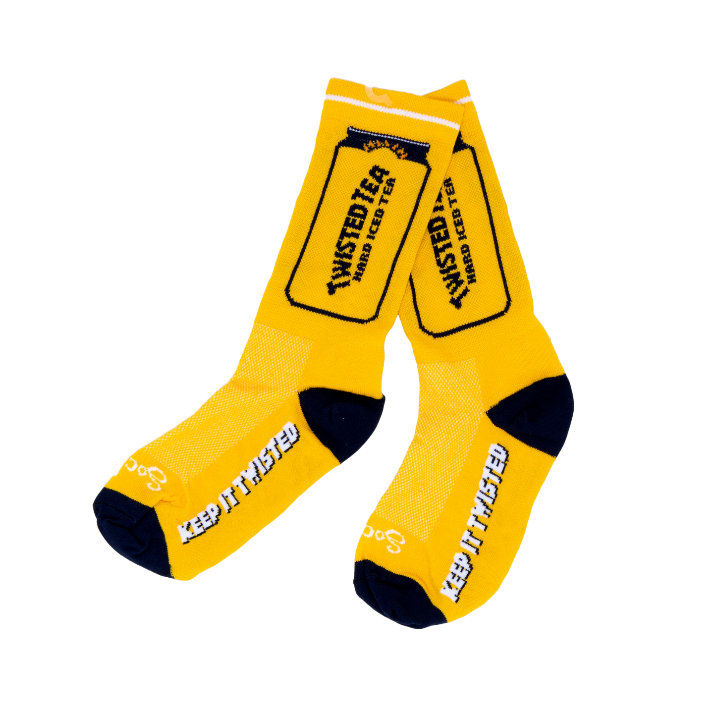 Yellow socks with black accents and 'Twisted Tea' branding on a white background