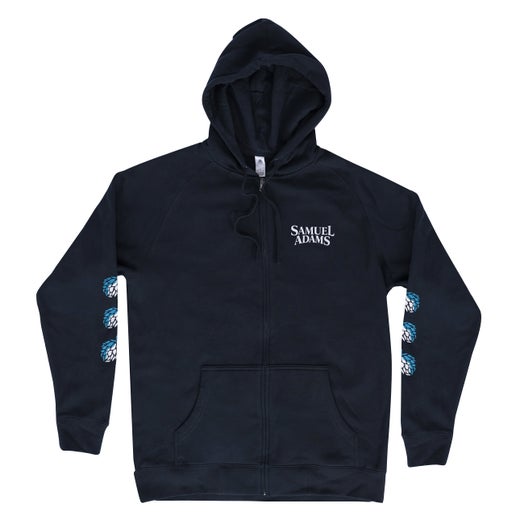 Zip Hop Sleeve Hoodie in navy with a white Samuel Adams logo on the left chest and three blue/white ombre hops designed on both sleeves.