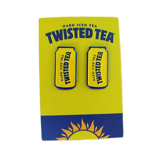 Twisted Tea can-shaped earrings on a yellow card with brand name and logo.