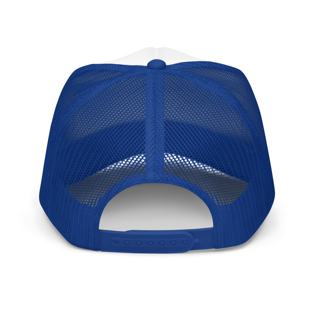 Backside of 5-panel foam trucker hat in blue. Mesh netting and snapback for fit