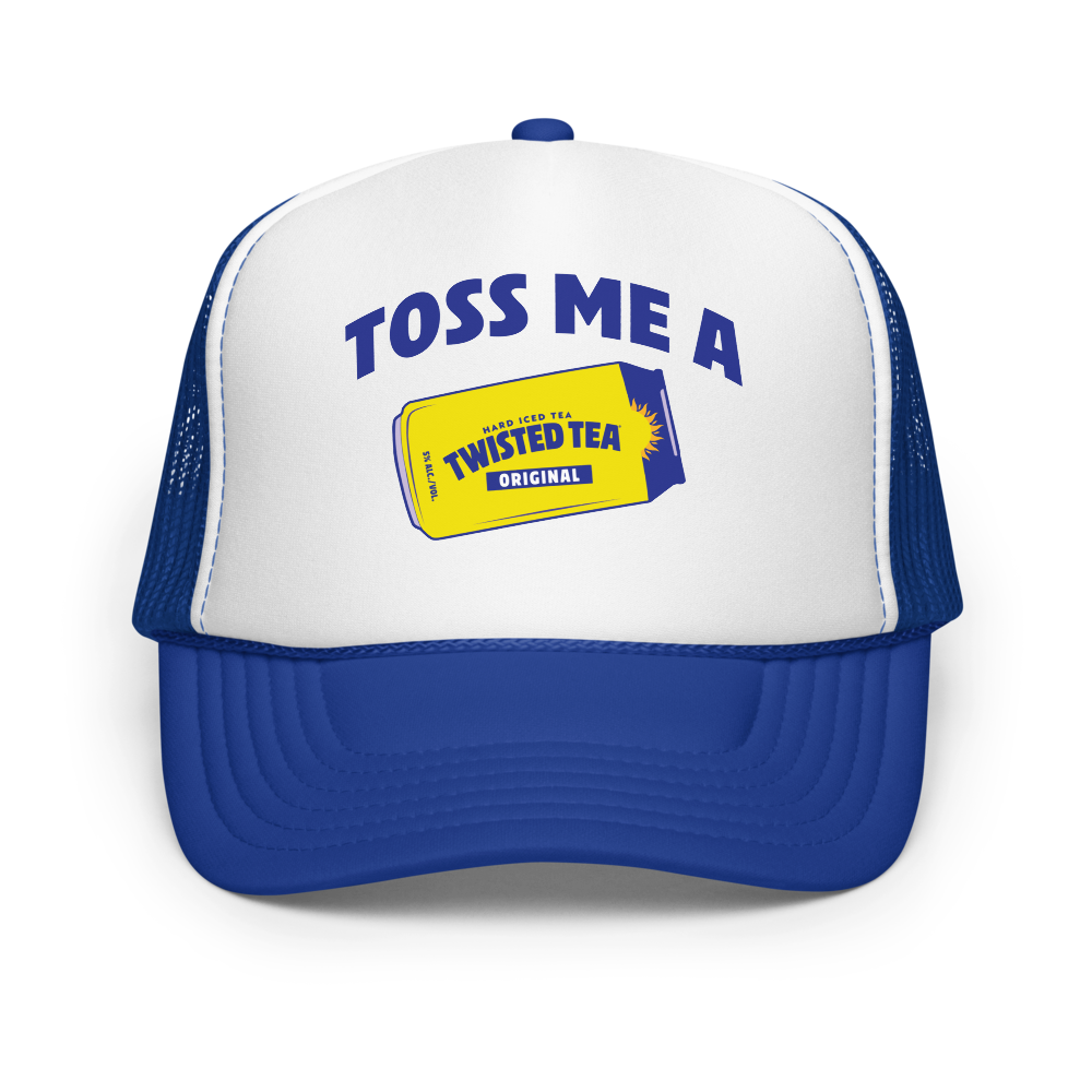 Blue foam trucker hat with a white front panel that reads "Toss Me A Twisted Tea" with a graphic of a hard iced tea twisted tea can.