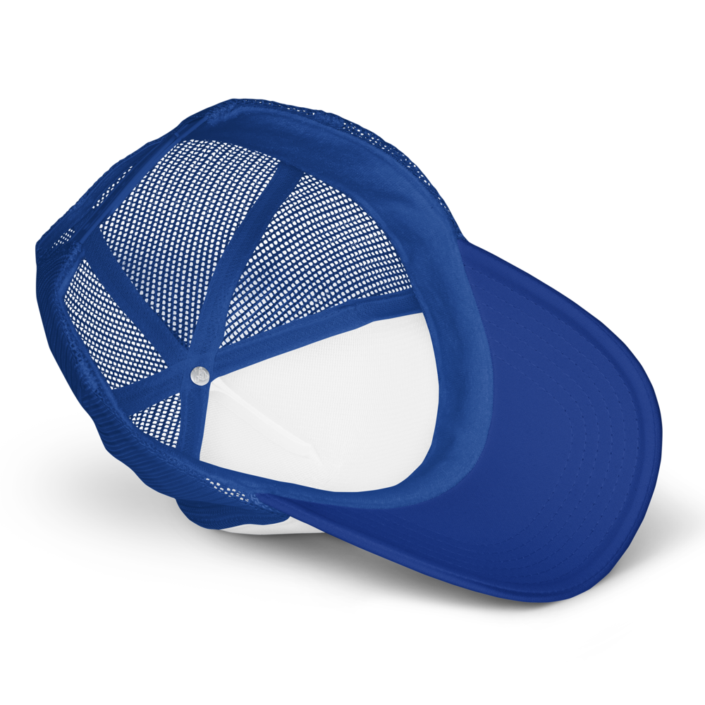 Underside of 5-panel foam trucker hat in blue. Mesh netting and snapback for fit.