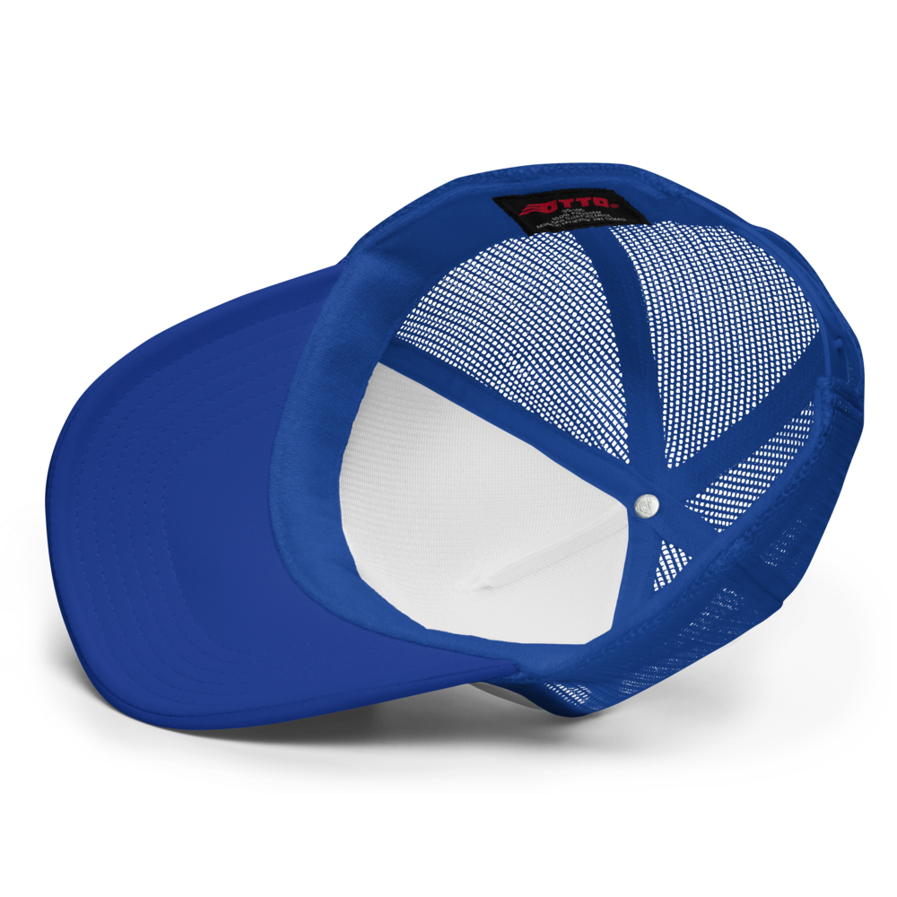 Underside of 5-panel foam trucker hat in blue. Mesh netting and snapback for fit. Otto tag sewn into the interior of the hat.
