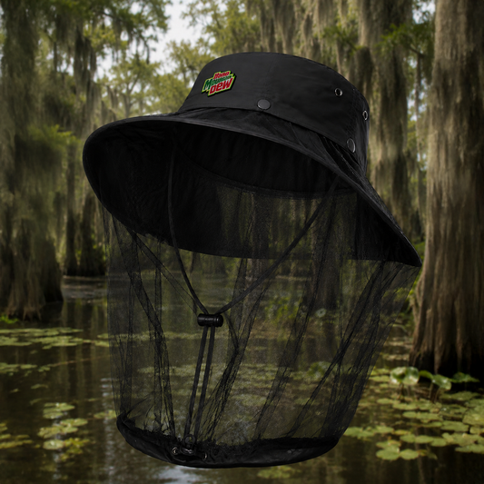 Black insect repellent hat with a brand logo against a natural background