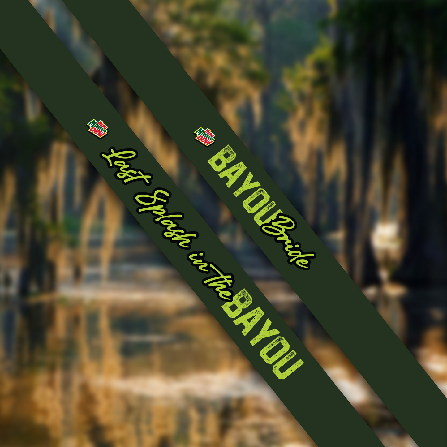 Green sash with 'Bayou Bride' text and logo against a blurred natural background