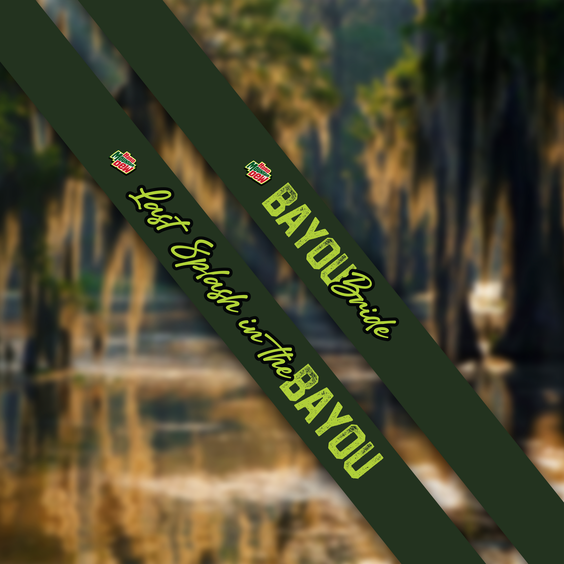 Green sash with 'Bayou Bride' text and logo against a blurred natural background