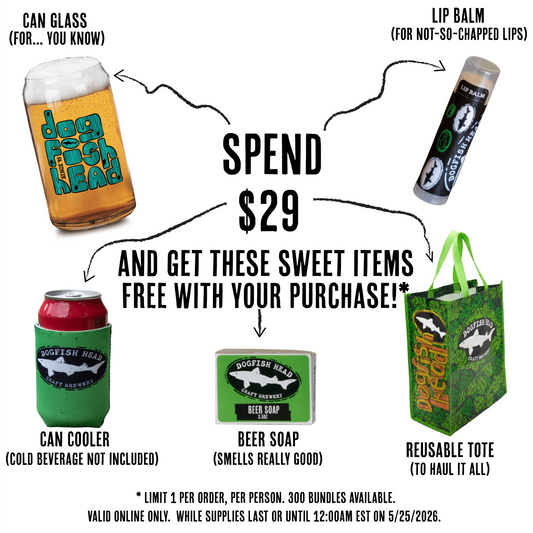 Promotional image for FUNDLE by Grandstand Glassware & Apparel: $29 offer includes free gifts—a limited edition can glass, lip balm, can cooler, beer soap, and a reusable tote. Image shows products and promo terms; highlights free gift with purchase.