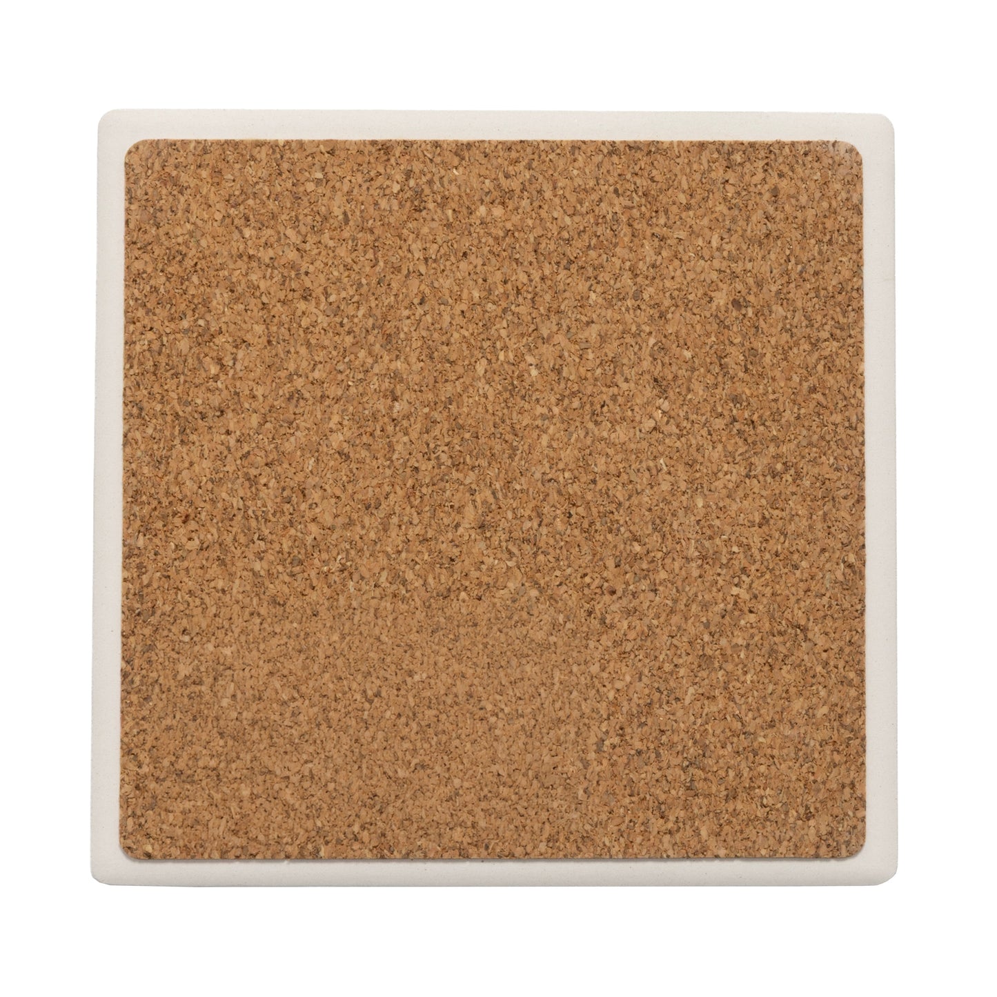 A top view of the back of a coaster, with a square, white border and a cork square in the center. 
