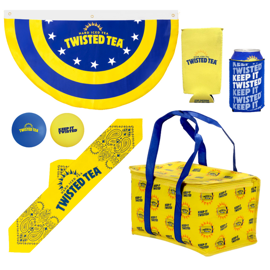 Collection of Twisted Tea branded items including a banner, can cooler, beach towel, and more on a white background.