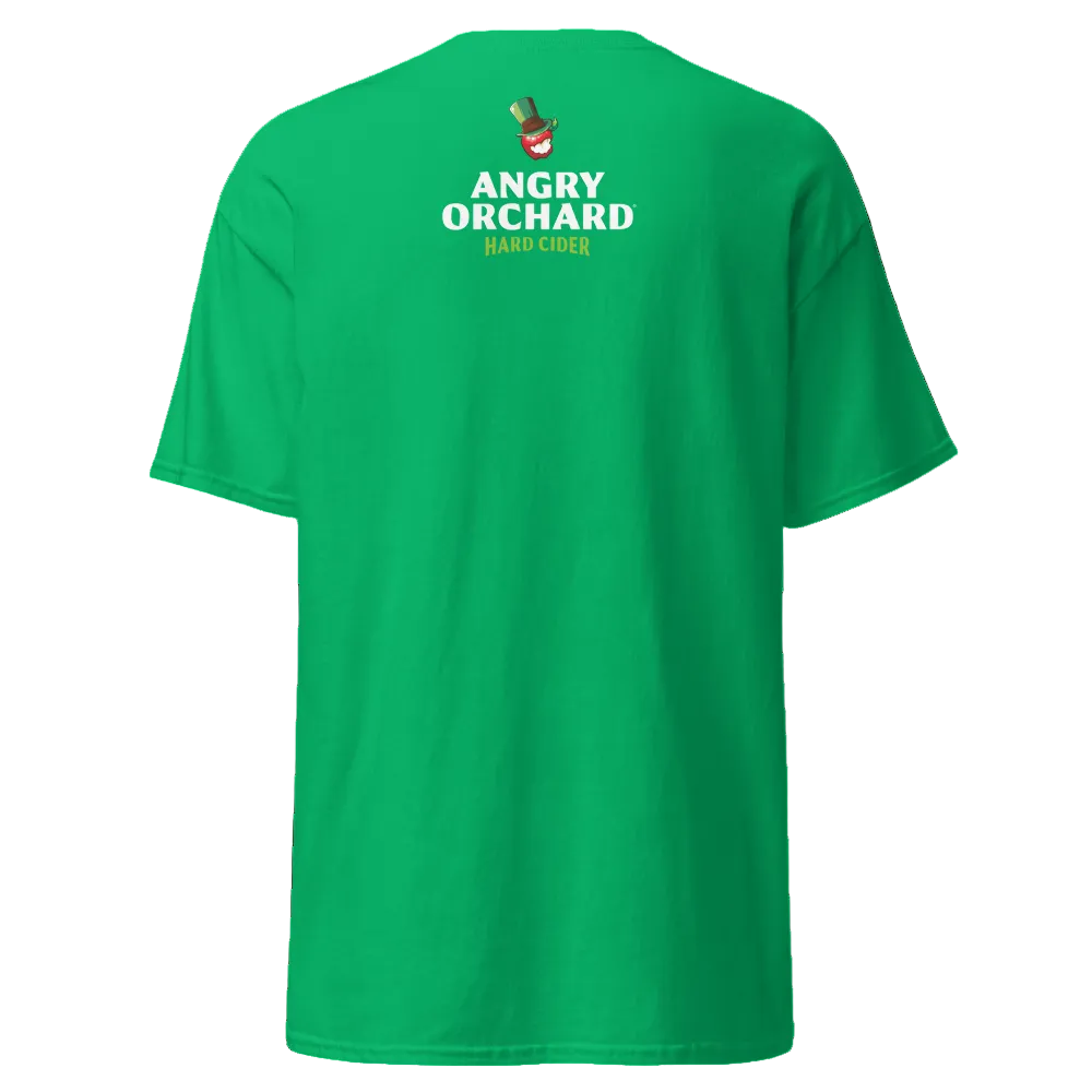 Backside of Kiss Me I'm Angry short sleeve tee shirt in Shamrock Green, featuring an angry orchard hard cider logo on the top center of the back. Logo shows a red angry orchard apple with a shamrock-colored top hat. Beneath is "Angry Orchard" in white text, followed by "Hard Cider" in lime green text.