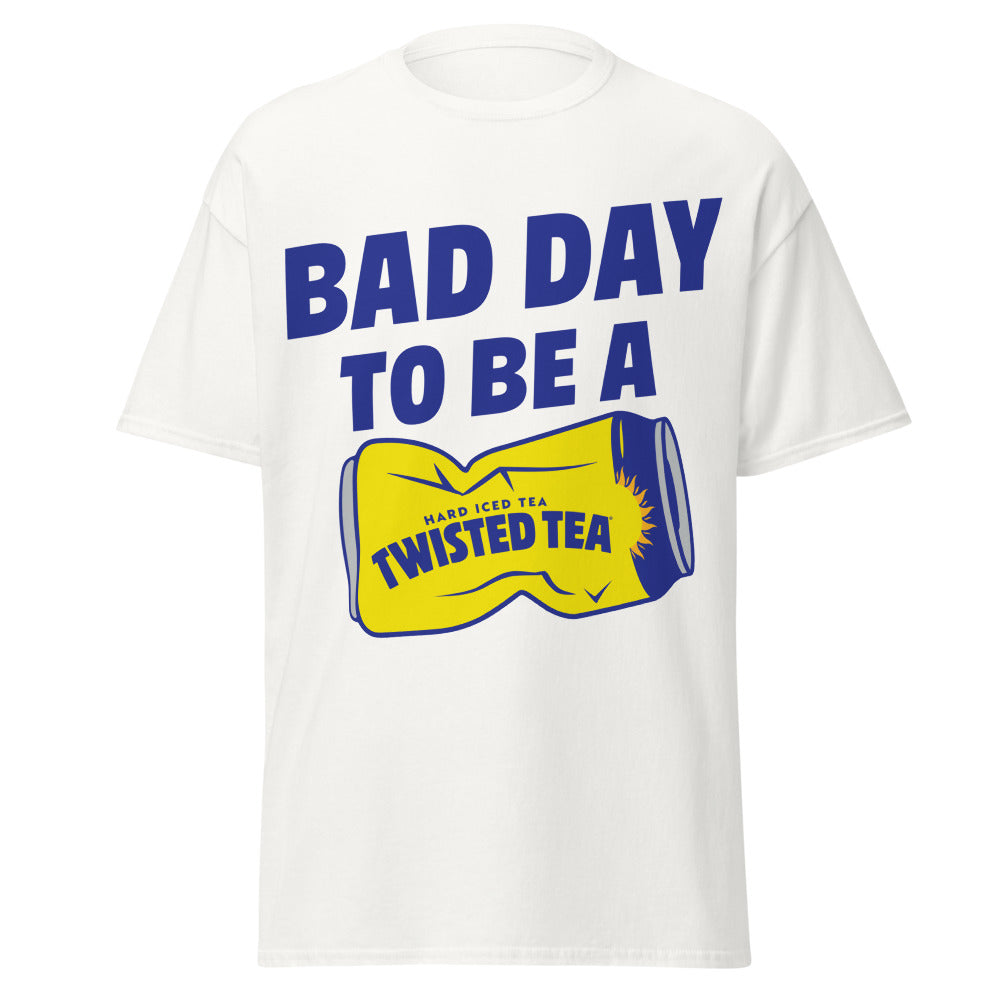 White t-shirt with 'Bad Day to be a Twisted Tea' graphic on a white background