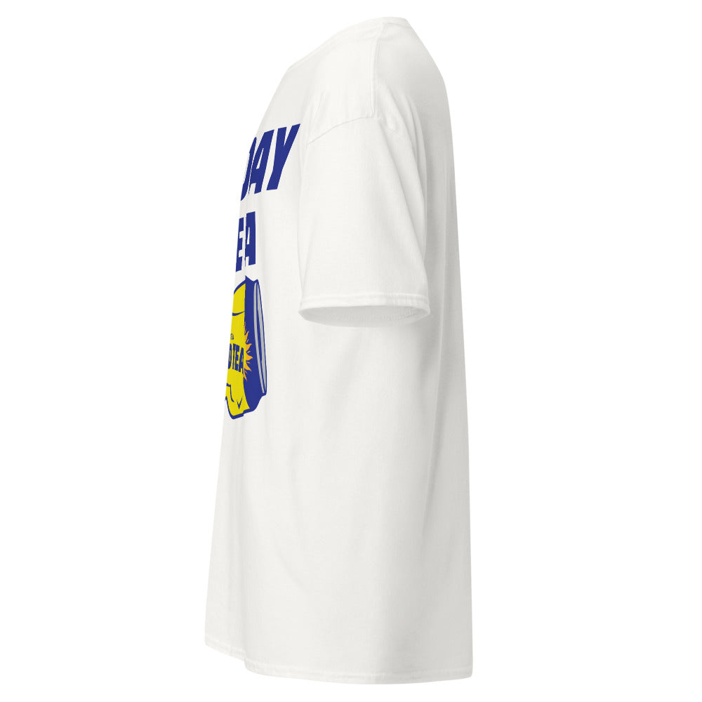 White t-shirt with blue and yellow graphic on a white background