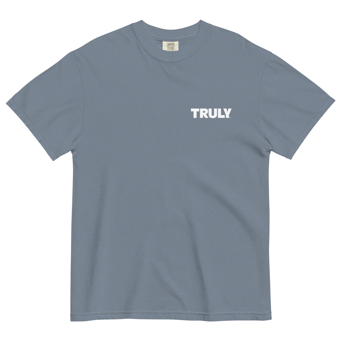 Grey comfort colors tee shirt with a white Truly logo on the left chest