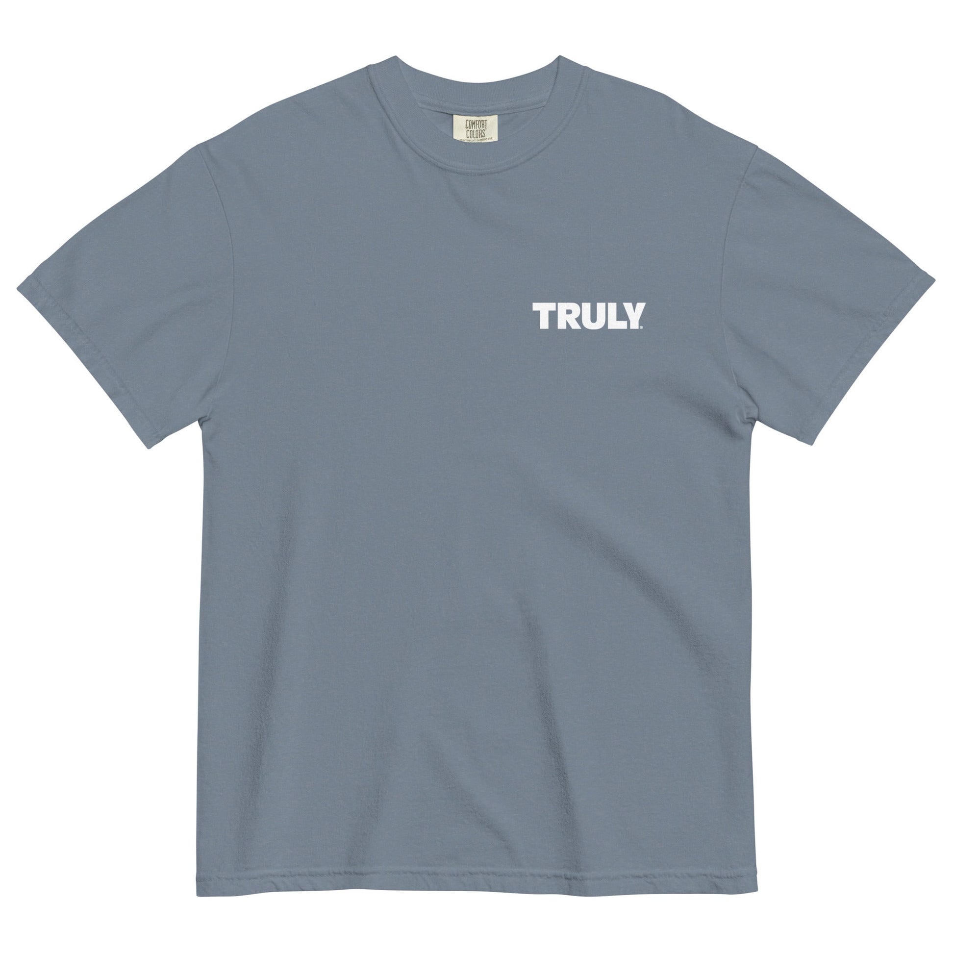 Grey comfort colors tee shirt with a white Truly logo on the left chest