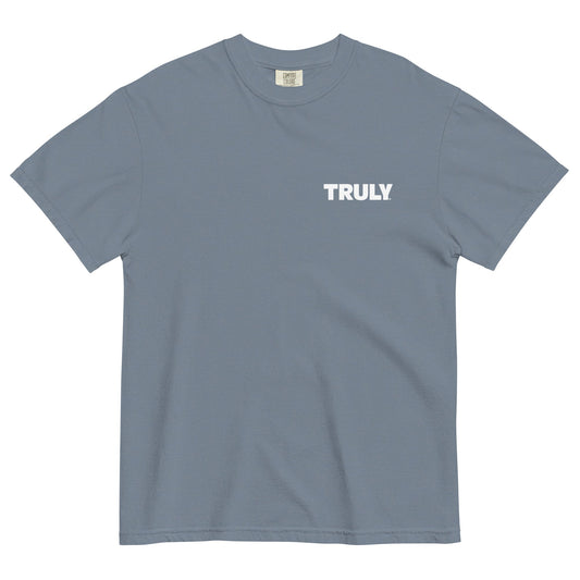 Grey comfort colors tee shirt with a white Truly logo on the left chest