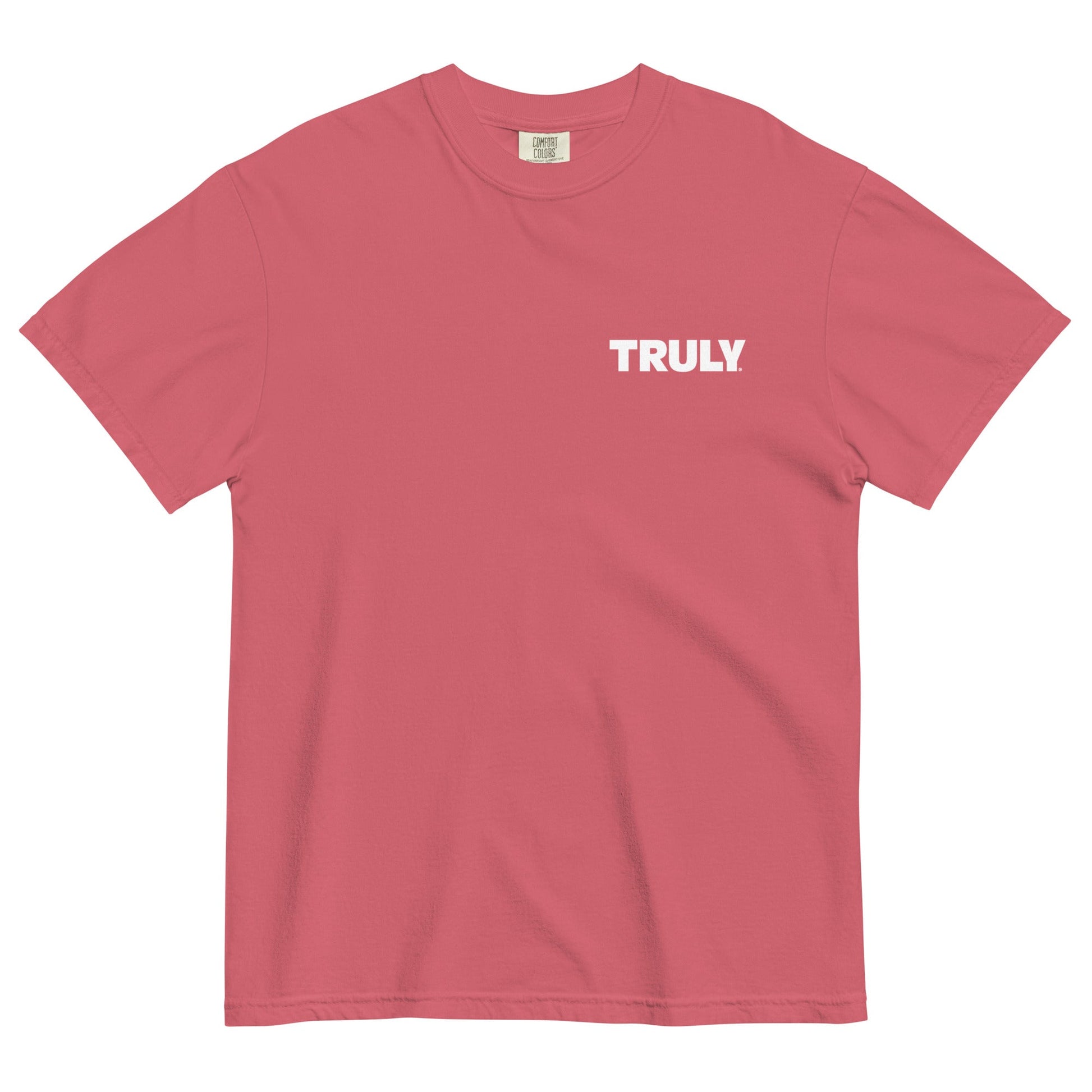 Coral comfort colors tee shirt with a white Truly logo on the left chest