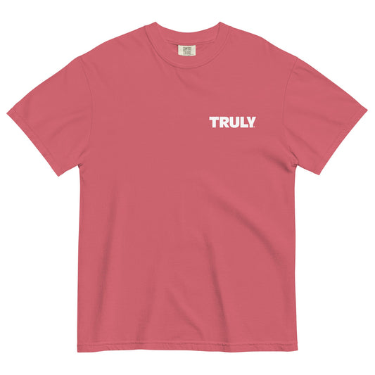 Coral comfort colors tee shirt with a white Truly logo on the left chest